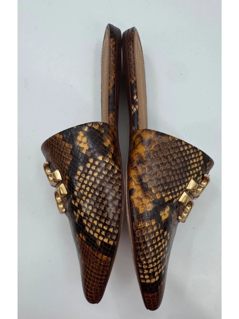 Tory Burch Eleanor Python-Print Leather Mules Gold Logo Size 10M Womens